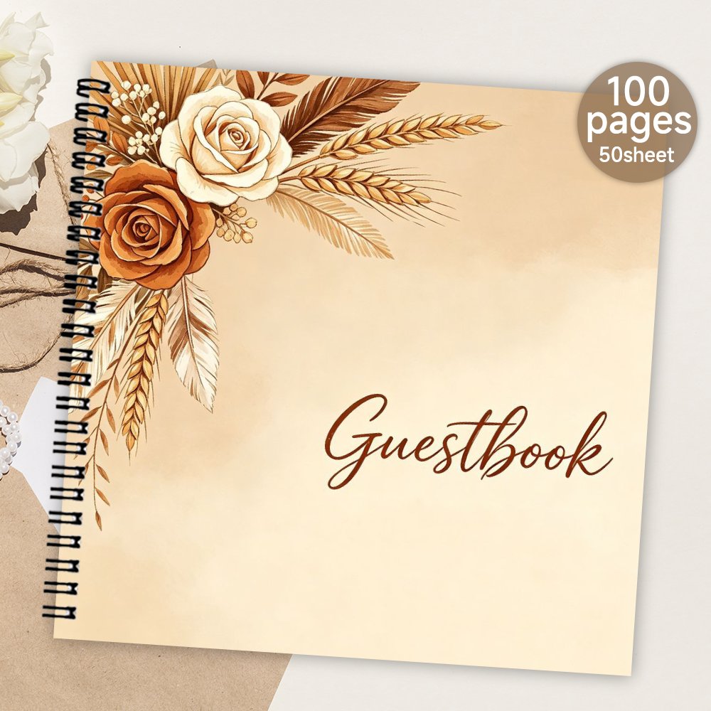 TEMU 1pc 'or , 'or à , Livre de signature pour invités, Livre de messages et de décoré de plumes, de blé, de rose et de marron de style bohème