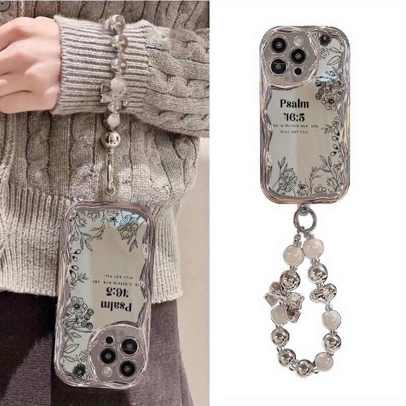 [Shockproof iPhone Case] Unique Anti-fall iPhone Case - Electroplated Silver Curved Edge Pattern Mobile Phone Case with Pearl Bracelet Lanyard Design, Durable, Compatible with iPhone 16 15 14 13 12 11 Pro Promax 16 15 14 Plus Cute Fashion Thickened Shockproof Mobile Phone Case