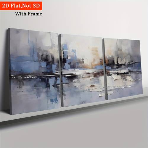 item picture 2d flat 3pcs modern abstract gray blue framed canvas wall art suitable for living room bedroom dining room d cor minimalist hook framed prints suitable for home hanging paintings for housewarming gift 2d flat