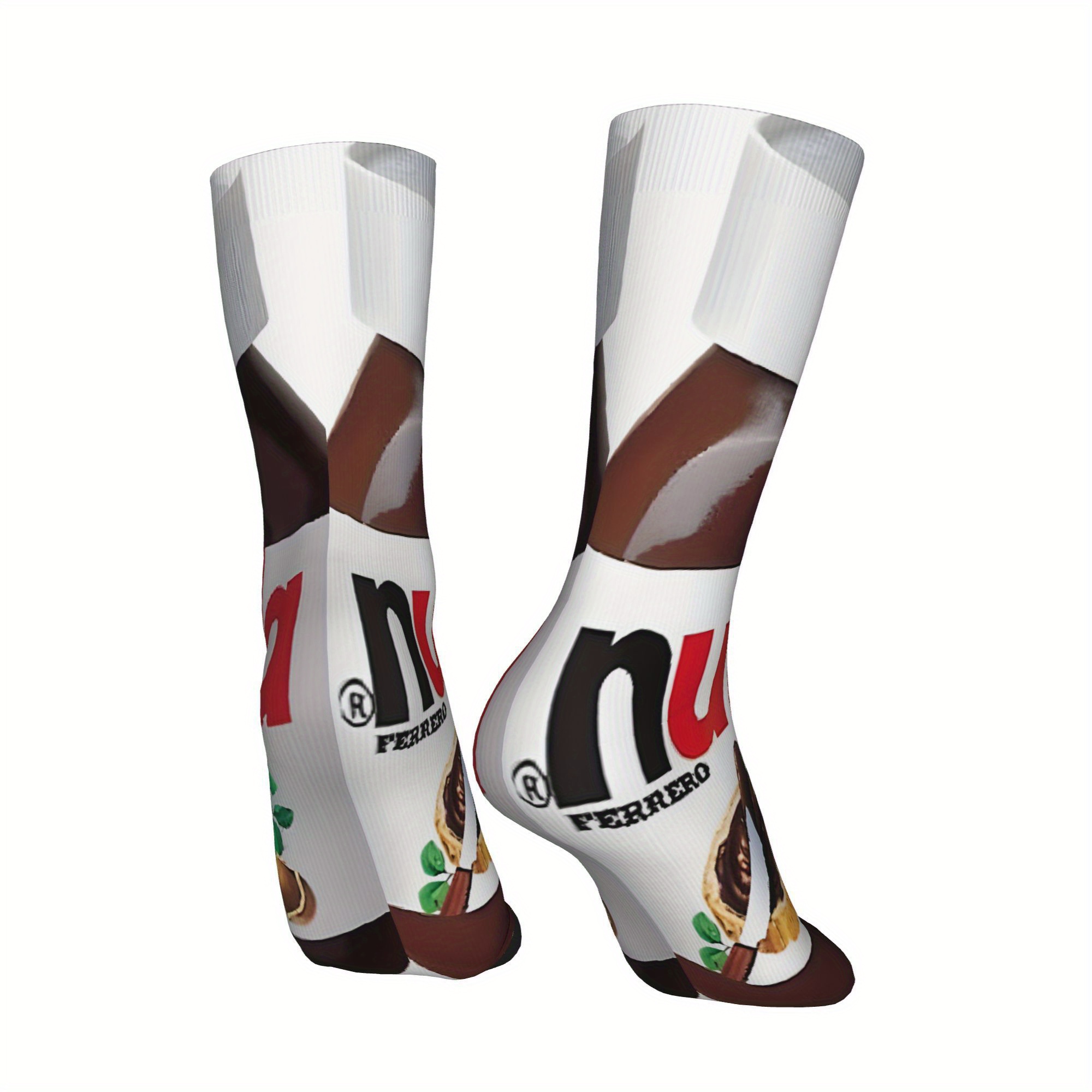 1 Pair Men'S Funny Novelty Crew Socks - Chocolate Hazelnut Spread Design, Hip Hop Harajuku Style, Polyester Knit Fabric (95% Polyester, 5% Elastane), Hand Washable - Ideal for Christmas Gifts and Casual Wear