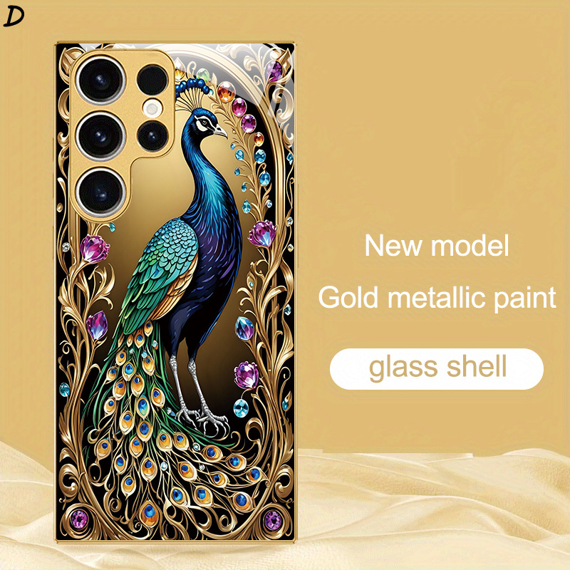 TEMU Phone Case - Colorful Feather Peacock Sparkling Tempered Glass For Galaxy S25 Ultra, S25 Plus, S24 Ultra, S24 Plus, S23 Ultra, S22 Ultra, S21