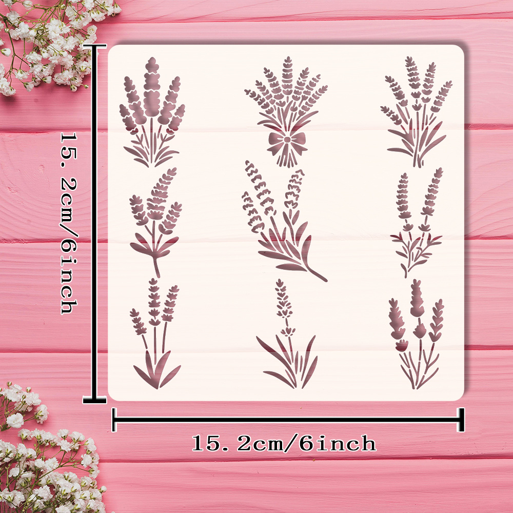 TEMU 1pc 6x6 Inch Lavender Flower Stencil With Blooming , Bow- Bouquets & Dainty Lavender Patterns - Multipurpose Diy Template For Wall Art, Card