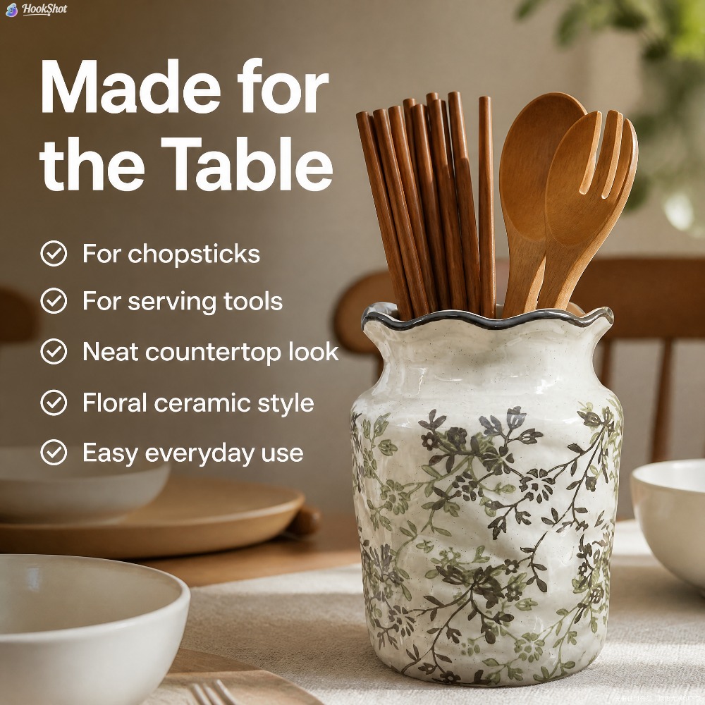TEMU 3-in-1 Ceramic Utensil Holder & Chopstick Storage Jar - Multifunctional Suitable For Kitchen Countertop, Table Decor, Rustic Flower Vase For