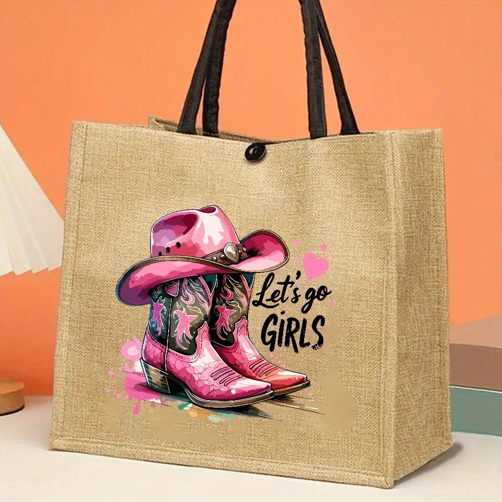 TEMU Retro Jute Bag Gifts, Vintage Tote Bag, Go, Handbag With Cowboy Hat Print, Spacious And Stylish Durable Jute Bags For Outdoor Picnics, Parties,