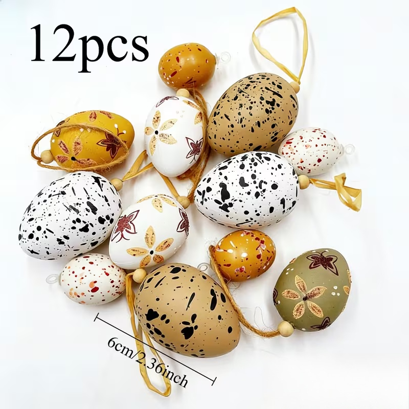 Image of 12 Hand-painted Decorations - Vintage Style With Spots And Floral Designs, Featuring Yellow Hanging Strings, Perfect For Easter Trees, , And Table Decor