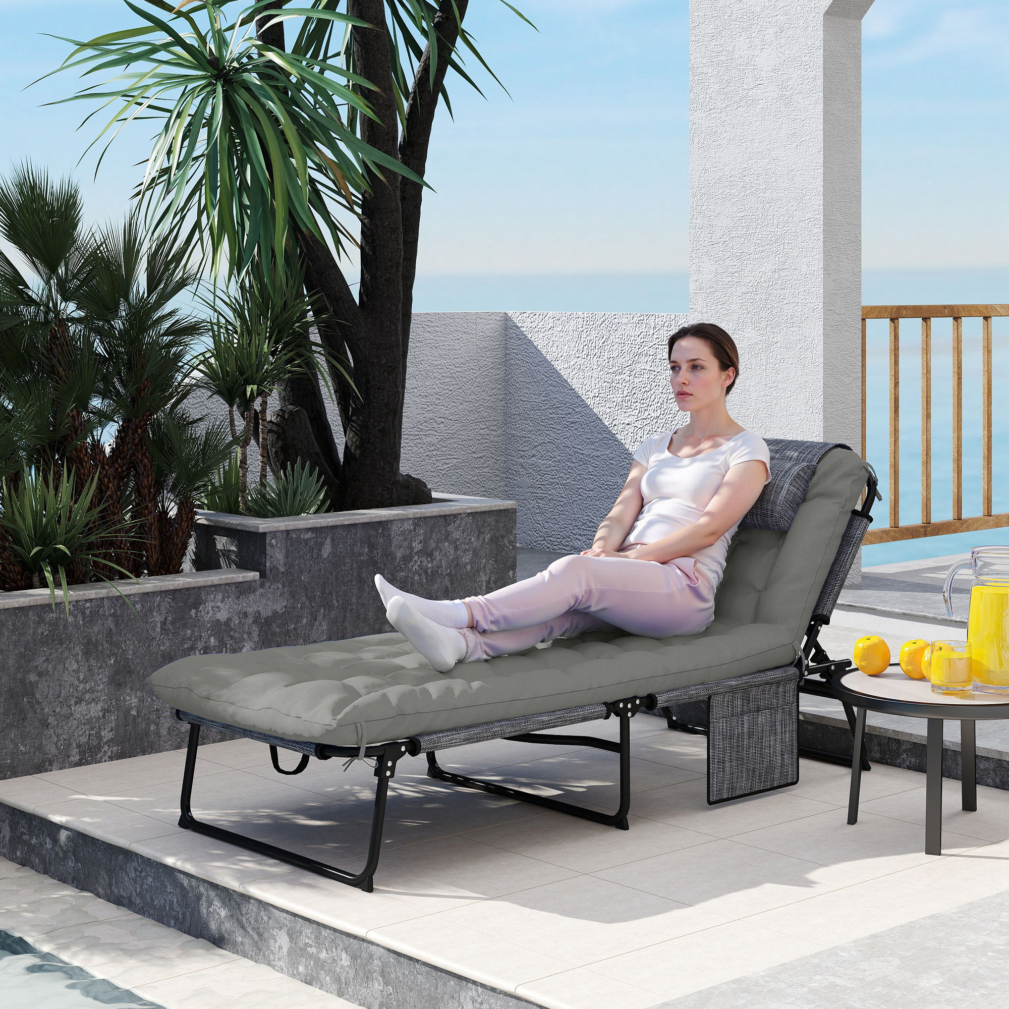   folding lounge chair grey carbon   polyester cushion manual reclining ideal for camping