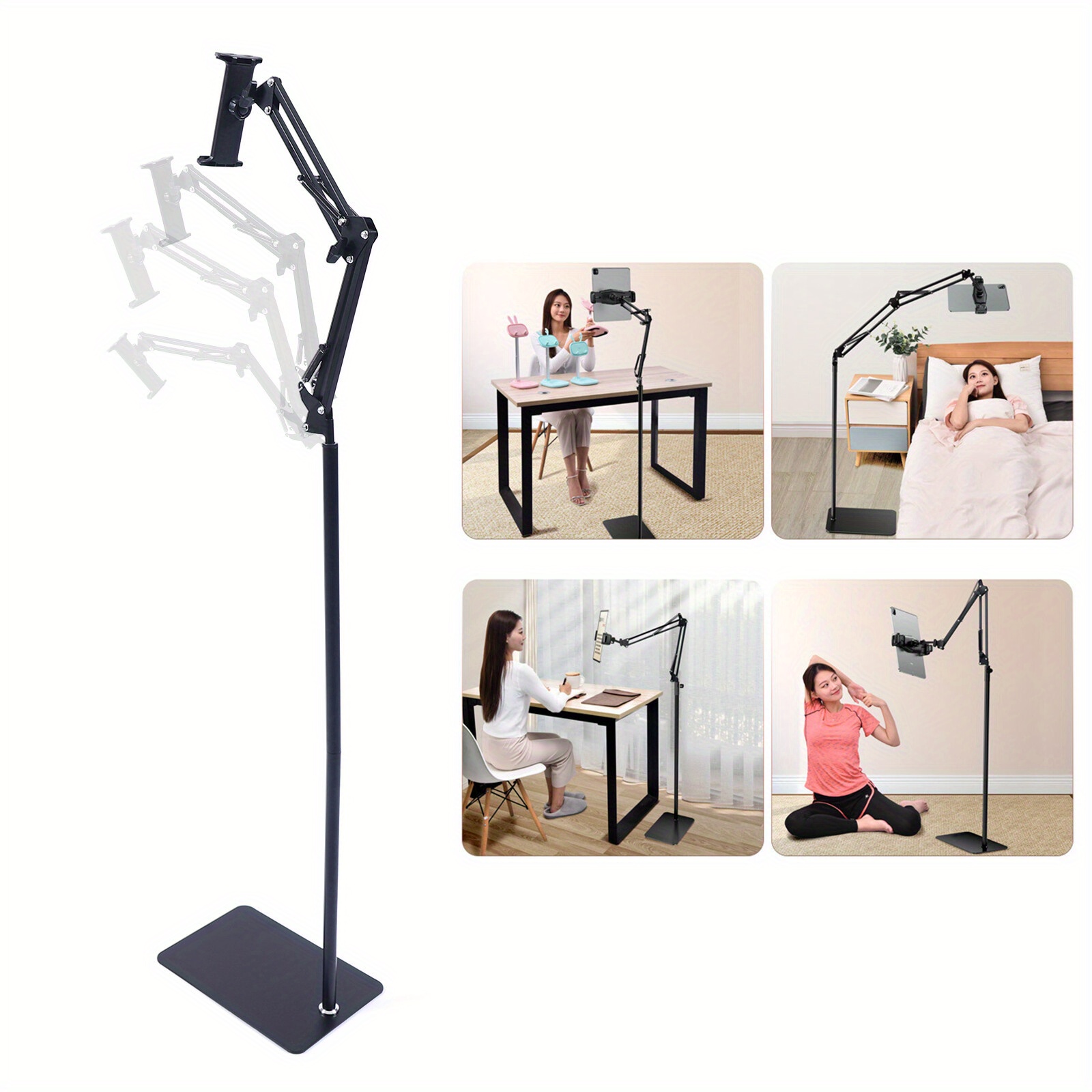 TEMU Soporte de Piso para Tableta Base Ángulo Altura Estilo Ajustable iPad Acero al Carbono Soporte para Teléfono Rotación 360° Brazo Plegable