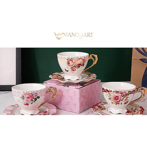 1pc elegant floral tea cup and saucer set - elegant  -pink & golden porcelain   service with matching spoon, large 7oz cup, dishwasher safe - wedding, housewarming, birthday, mother s day gift - vintage tableware for everyday or formal dining - antique orange  ,  , & cadmium-free, ideal for latte, cappuccino, tea, espresso, cups for tea,   bar accessories,  , teacup,   Product details 0