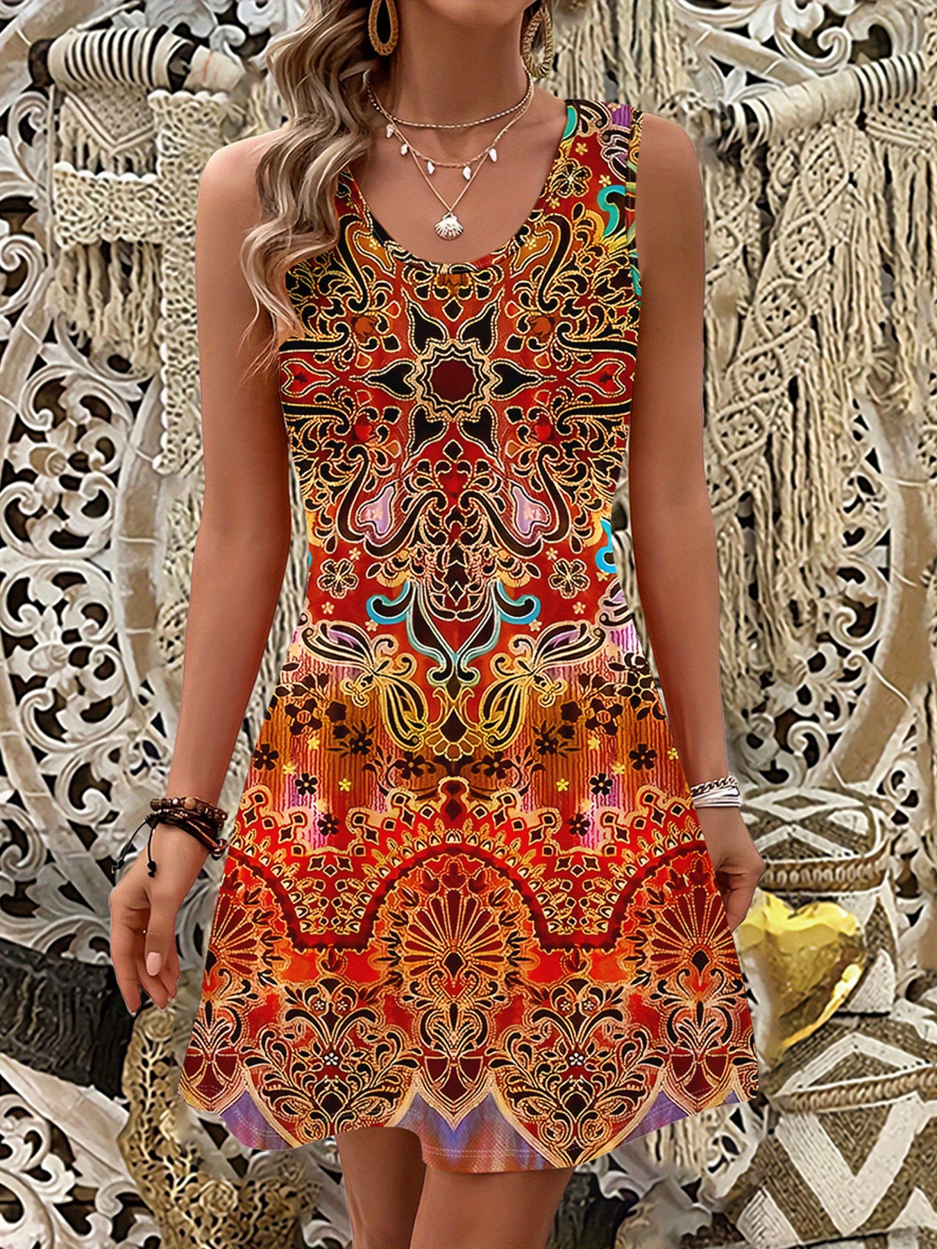 Vrouwen Mouwloze Maxi Jurk met Mandala Print Levendige Kleurrijke  Zomerjurk met Ronde Hals, Losse Pasvorm en Uitlopende Zoom Machinewasbare  Stof
