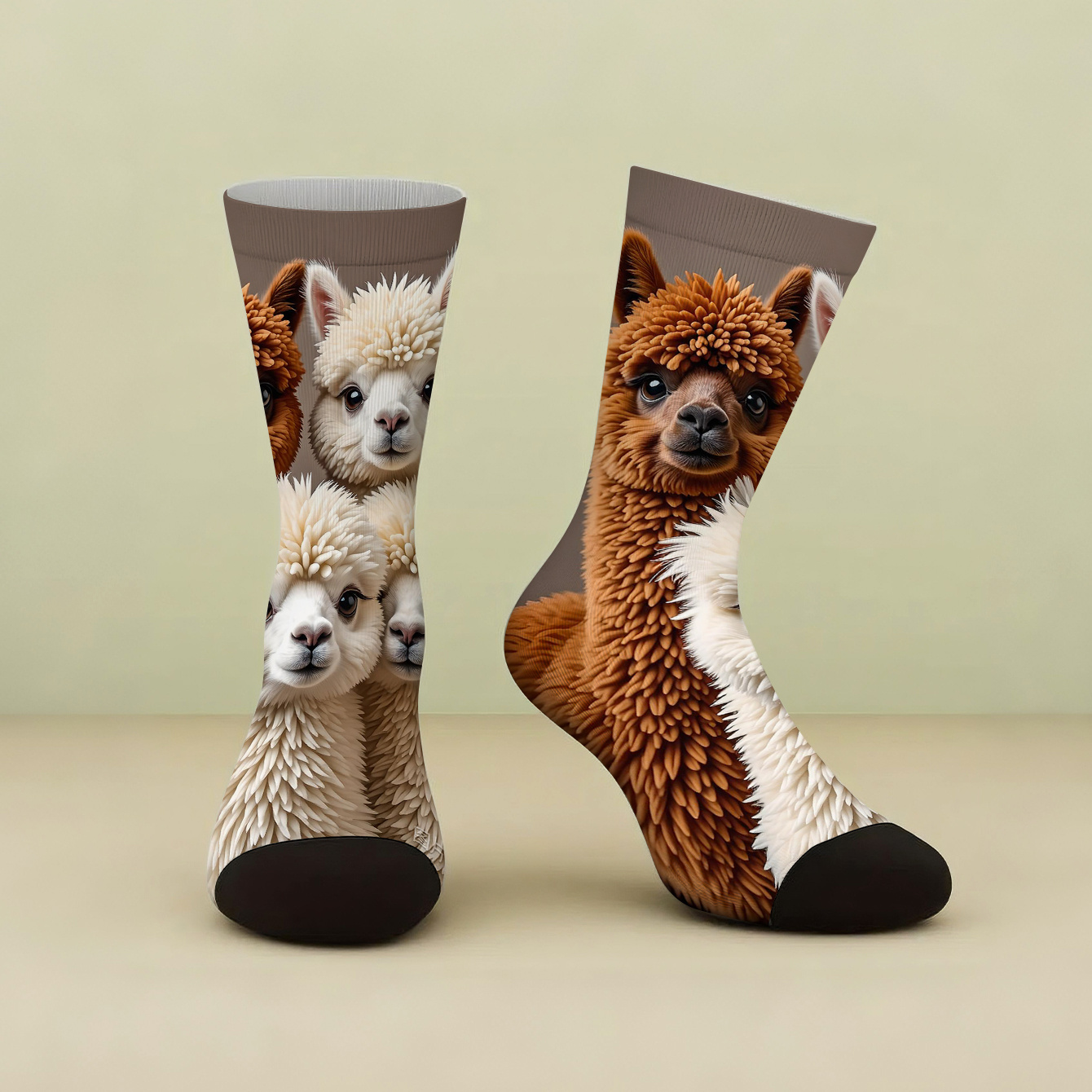 E-shop Ein Paar Unisex Mid-Calf Socken mit vier einzigartigen Alpaka-Kopf-Designs in verschiedenen Farben. Diese trendigen und vielseitigen Socken sind