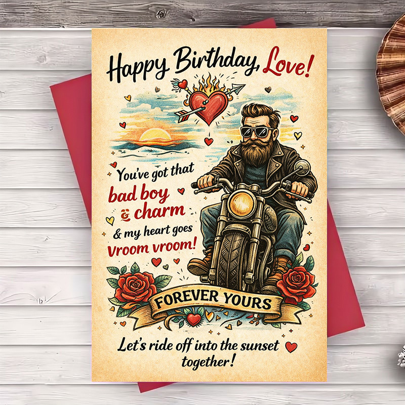 TEMU A Set Of 2 Items (including An Envelope And A Greeting Card) Featuring A Romantic Birthday Card Designed With A Vintage Motorcycle Theme, Ideal