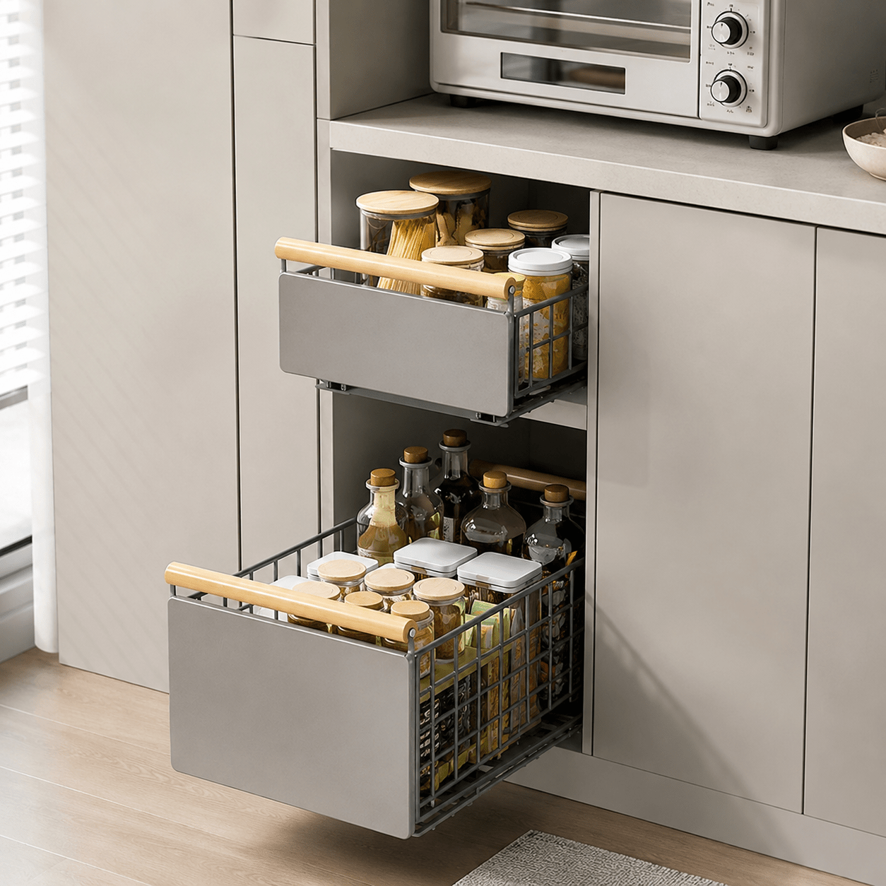 Image of 2pcs Pull-out Storage Rack(s+l) With Wooden Handle - Sliding Cabinet Drawer Organizer For Kitchen, Bathroom, Under Sink - Versatile Shelf For Dishes, Snacks, Household Items, Utility Racks