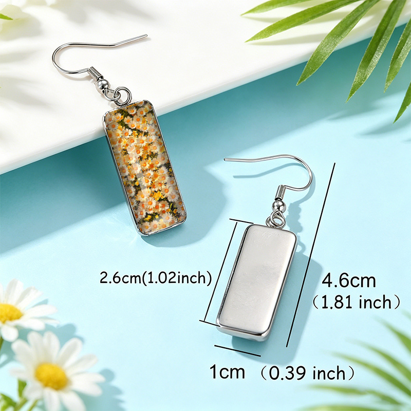 Daisies Blooming in The Sunshine Rectangular Pendant Earrings, Glass