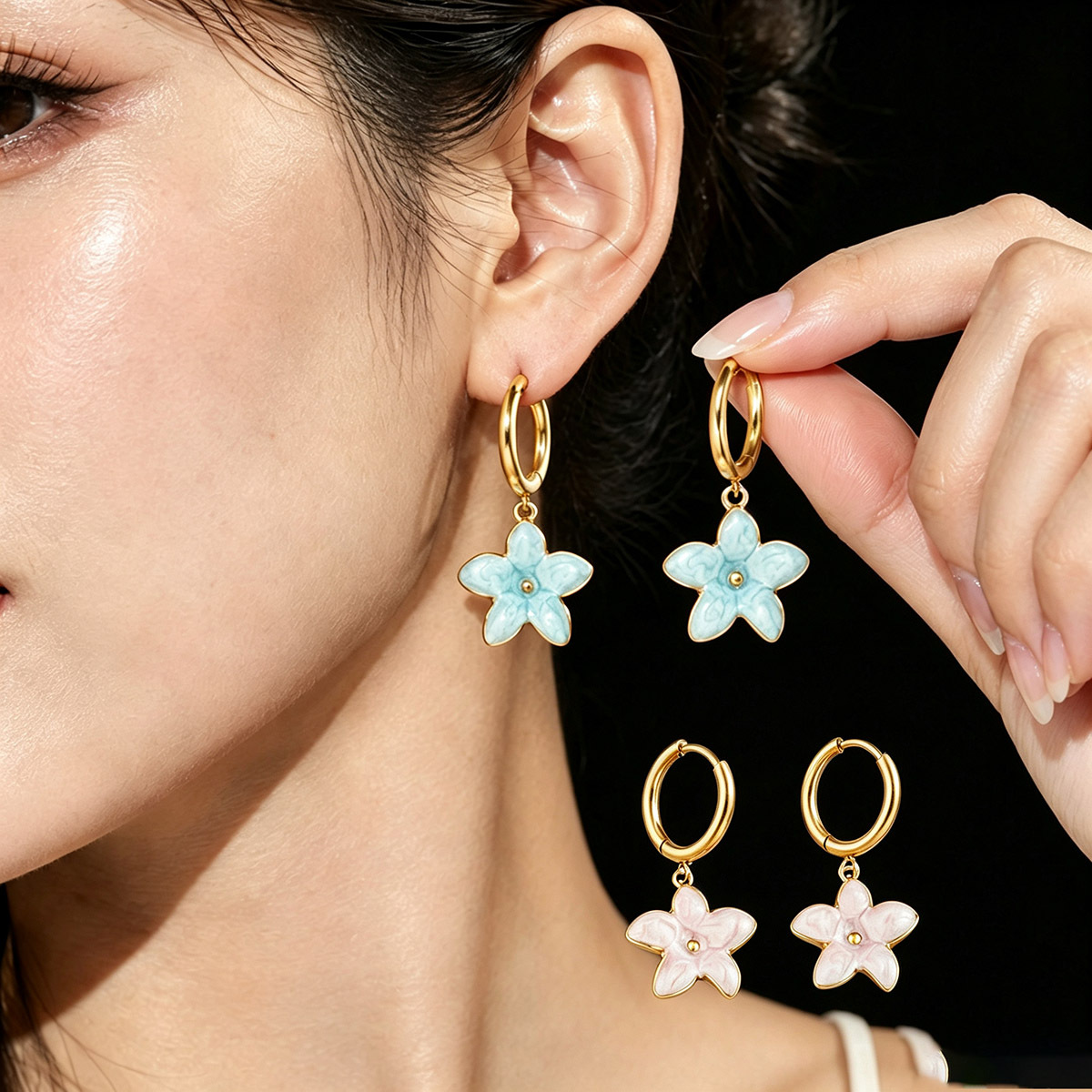 Cute Trendy Enamel Flower 18k Plated Hoop Earrings
