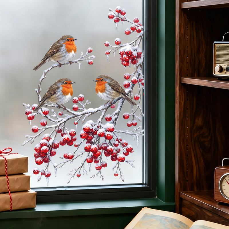 TEMU Christmas Robin Window Cling, Adorable -breasted Bird Perched On A Snow-covered Branch, Double-sided Static Cling Window Decal, Suitable For