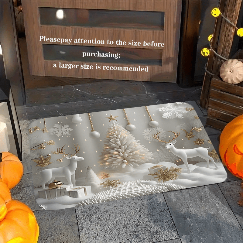 TEMU 1pc Elegant White Christmas Decoration Set With Tree, Reindeer And Ornaments â Soft Absorbent Anti-slip Washable Quick-dry Doormat For Entryway