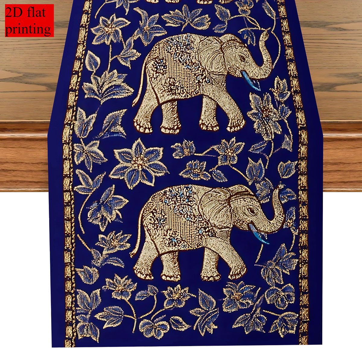 TEMU 1pc Blue Floral Pattern Table Runner, 2d Flat Print With Golden Elephant Texture - Polyester Rectangular Holiday Decoration, Suitable For