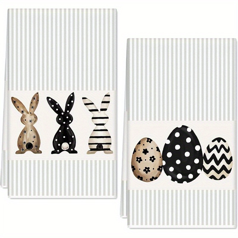 

2pcs Polyester Towels, 18x26 Inch - Bunny & Egg Designs With Striped And Polka Dot Patterns, Ideal For Cooking, Baking, Cleaning - Machine Washable, Dish Towels