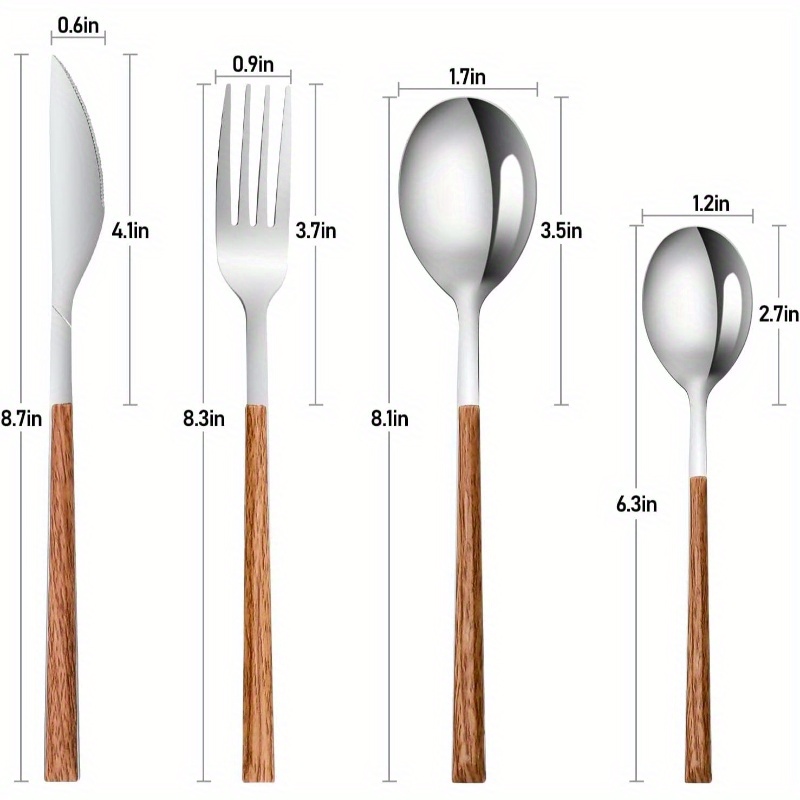 stainless steel flatware set 4 cutlery utensils set with simulated wooden handle   knives forks spoons service 4   polished and dishwasher safe silvery stainless steel cutlery set cutlery set stainless steel cutlery portable cutlery set stainless steel cutlery kitchen utensils home dining stylish utensils     steel rustresistant flatware collection knife   set restaurant supplies home cooks Product details 6