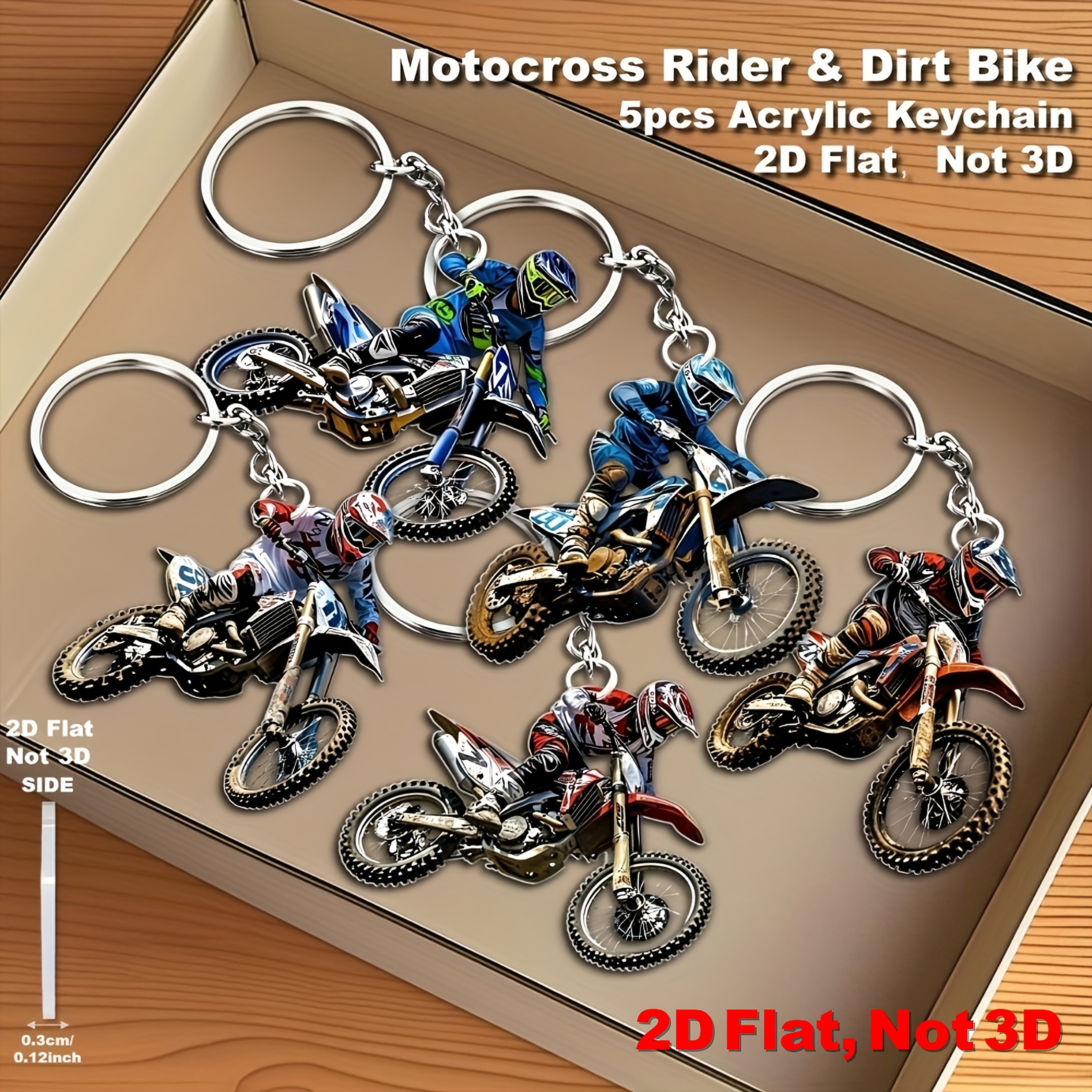 TEMU 2d , [2d Flat Keychain Set] 5pcs Acrylic Keychains - Women's Keychains - Off-road Motorcycle Rider And Muddy Motorcycle Design, Durable Acrylic
