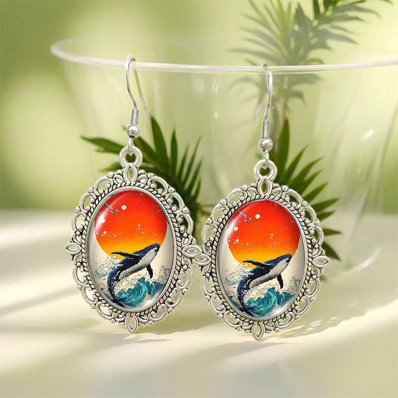 3pcs Fashion Blue Whale Under Sunset Earrings Necklace Set