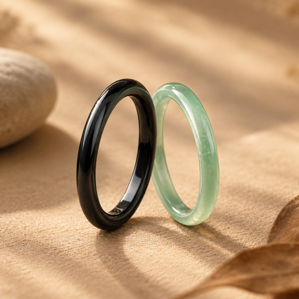 2pc Natural Stone Ring Set with Black & Green Agate