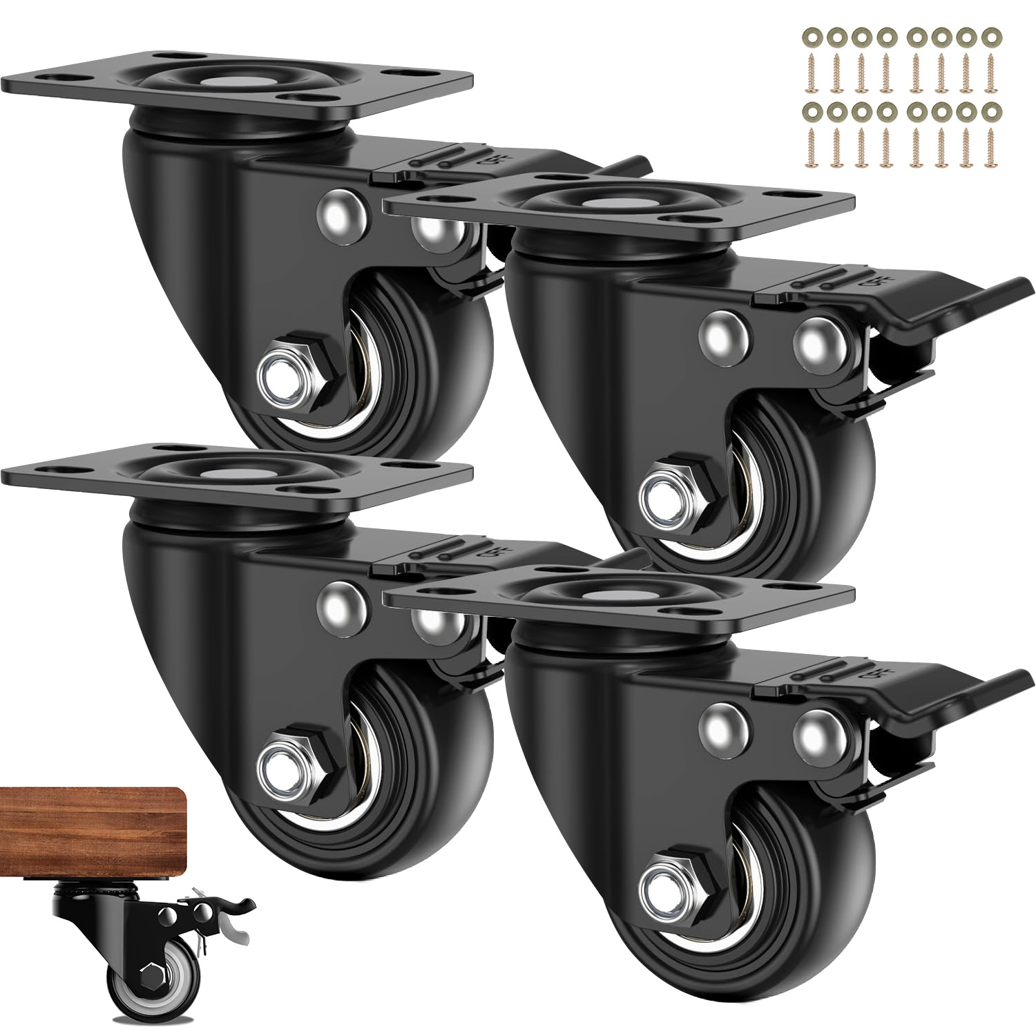 4pcs 1.5-inch Heavy Duty Furniture Castors, Small Swivel Wheels With Double Ball Bearings, Space- Caster Wheels For Furniture, Trolleys, Workbenches And Garage Equipment, 200kg