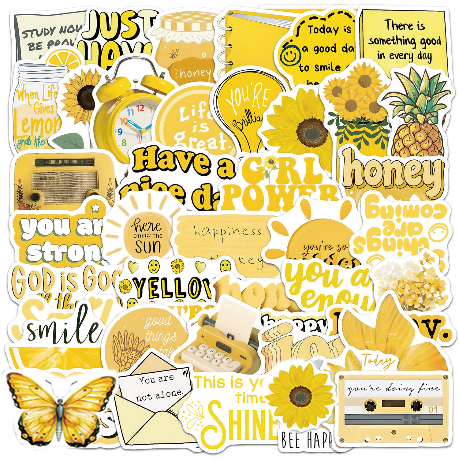 50pcs Yellow Motivation Series Creative Self Adhesive Graffiti Stickers Suitable For Roller Skating And Cycling, , Luggage, Helmet, Desktop Mug Decorative Stickers