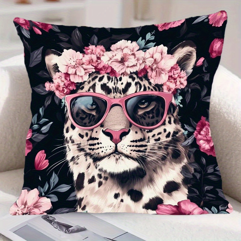 Leopard Floral Print Throw Pillow Cover Stylish Glasses  Design, Polyester, Zip Closure Home, Office, or Party Decor (Cu