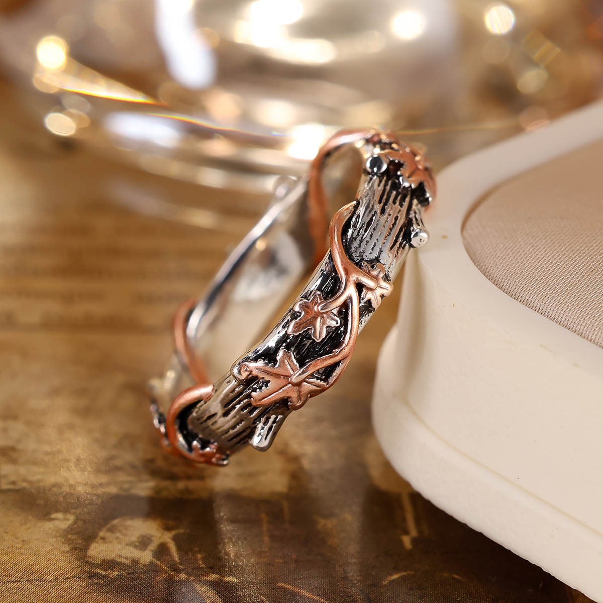 Women's Forest Bark Texture Relief Maple Leaf Ring