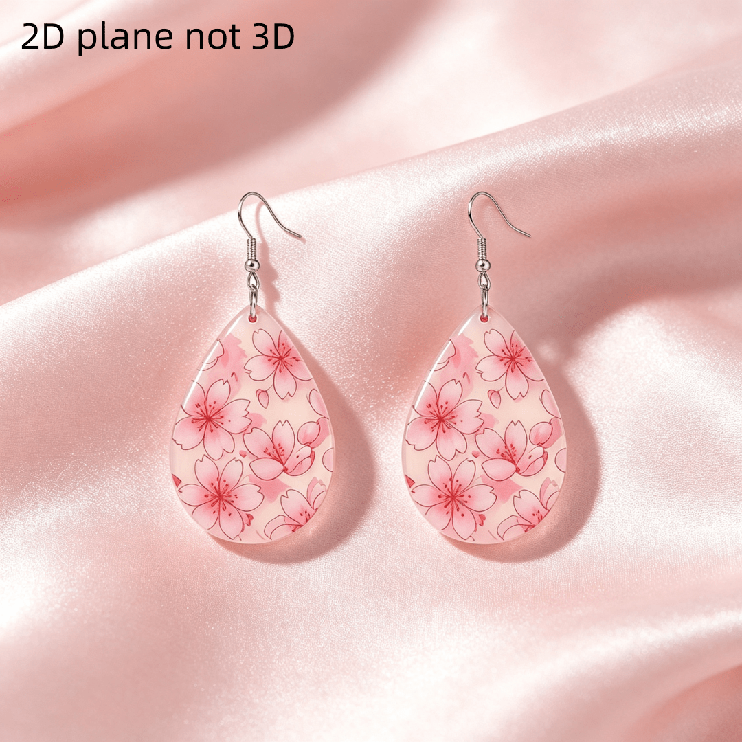 Pink Cherry Blossom Sakura Teardrop Dangle Earrings, Lightweight