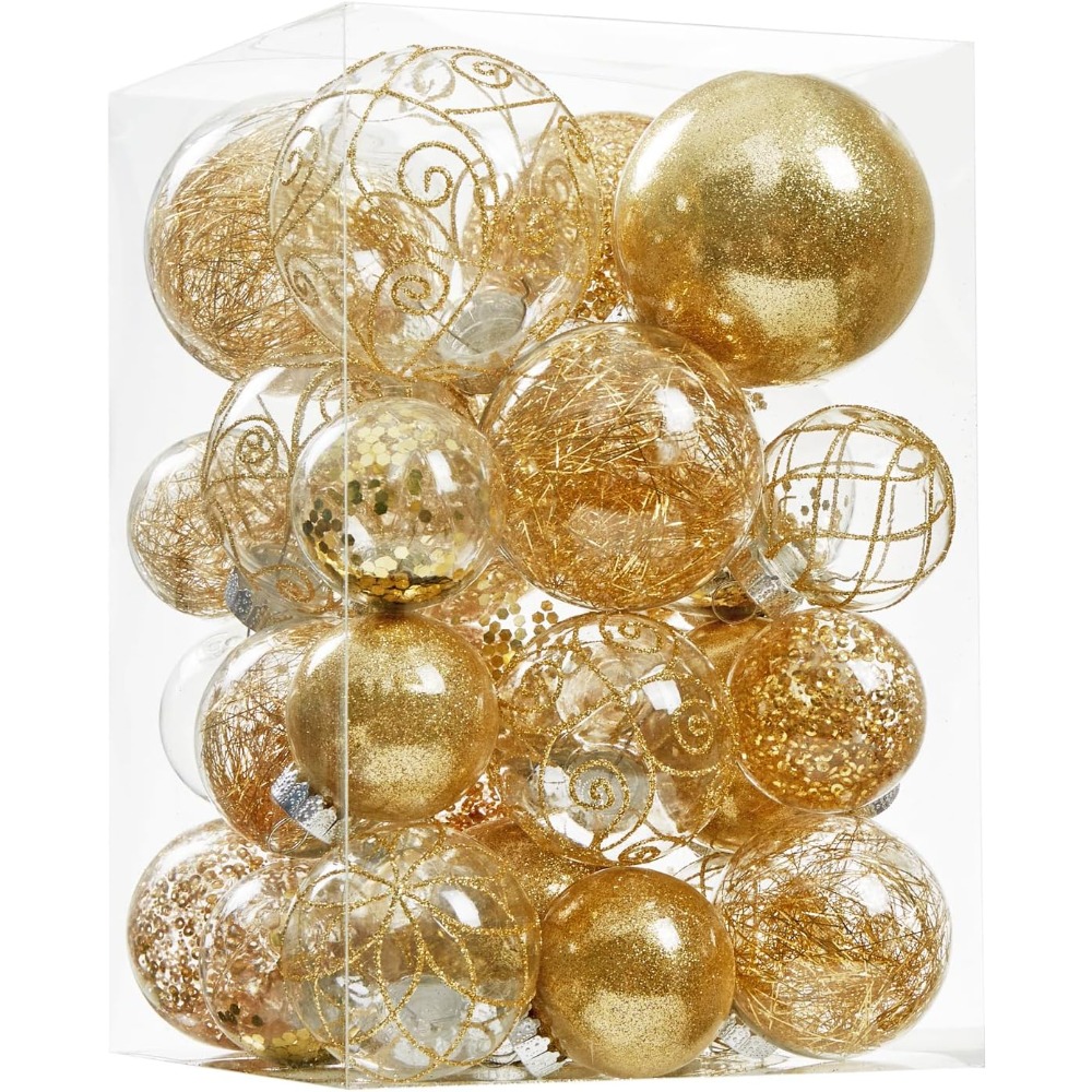 TEMU 31pcs (30pcs Balls And 1pc Box) Christmas Ball Ornaments Shatterproof Clear Large Plastic Hanging Balls Decorative Baubles Set With Stuffed