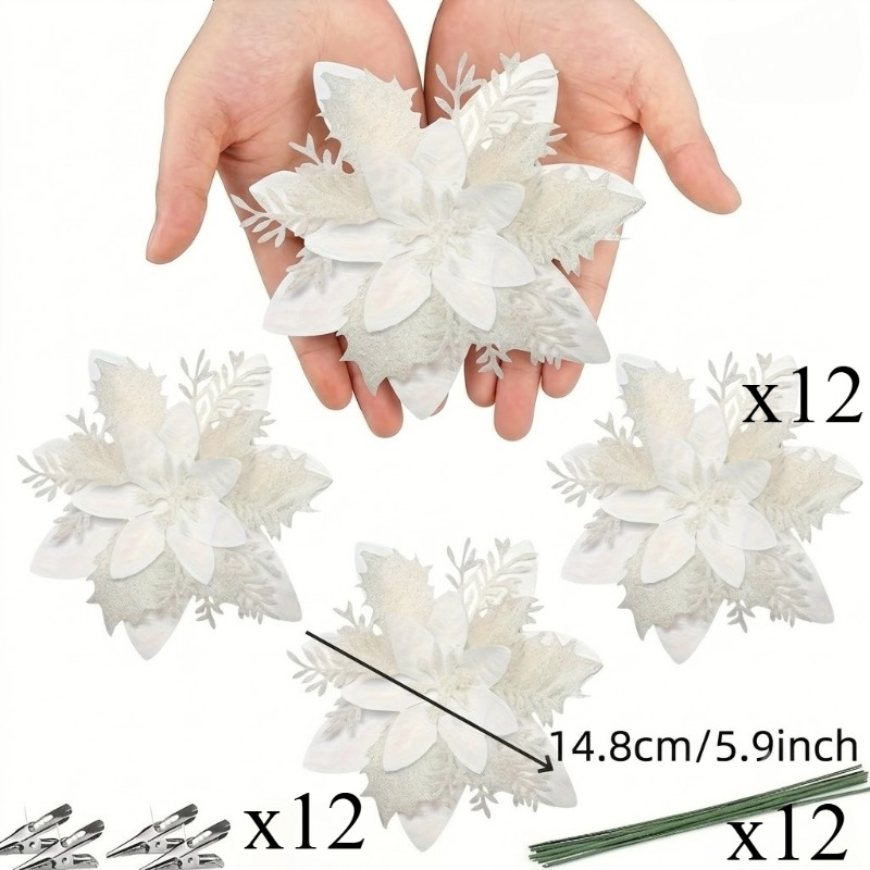 TEMU 36pcs Set Of Glittering Flowers With Clips - Wedding, Christmas, New Year, Wreath, Tree Decoration Floral Party Ornaments, , Decorative Flowers,
