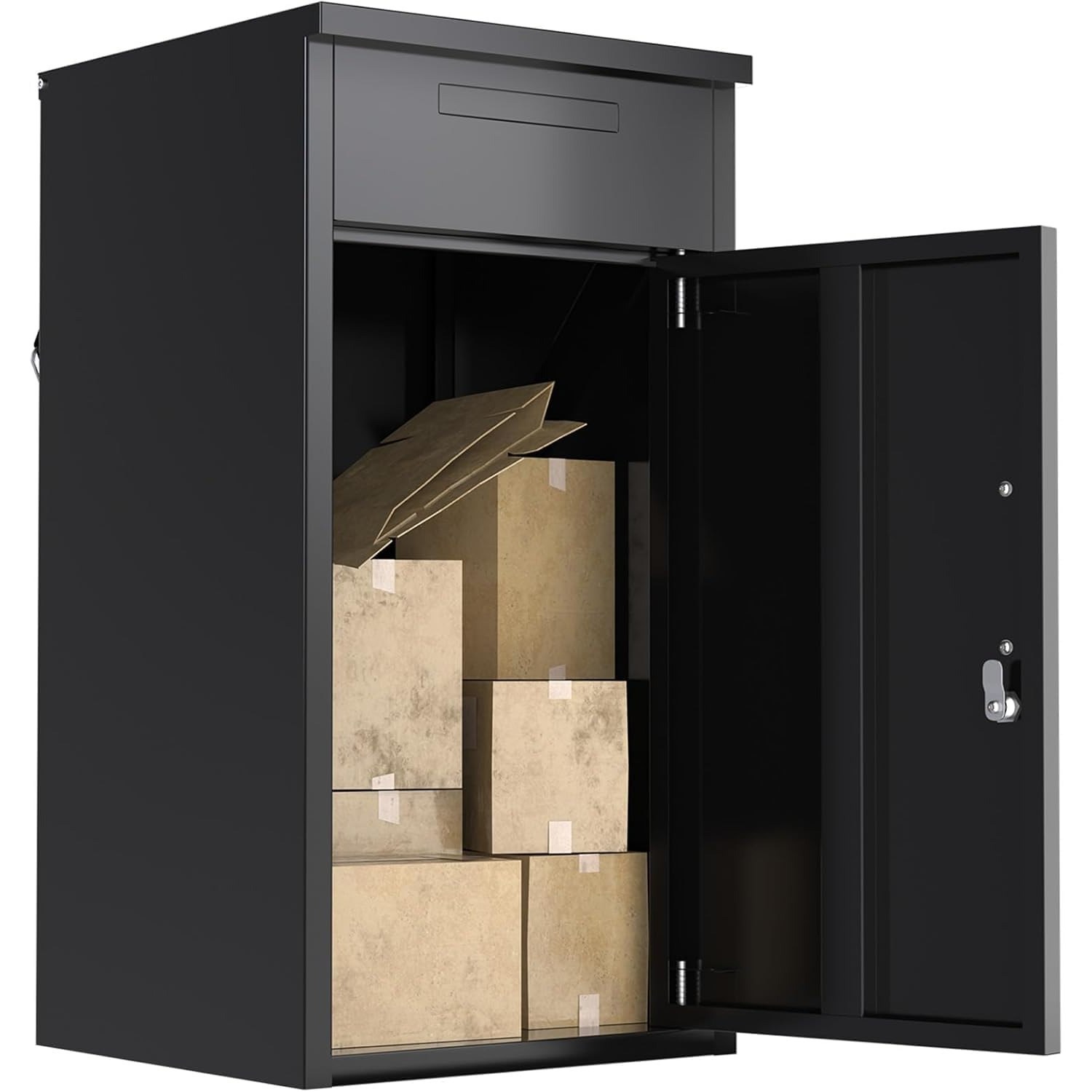 Outdoor Parcel Box, Lockable Large Parcel Box With Hinged Lid And Letter Slot, Weatherproof Full Metal Frame Parcel Box For Porch/garden, Black