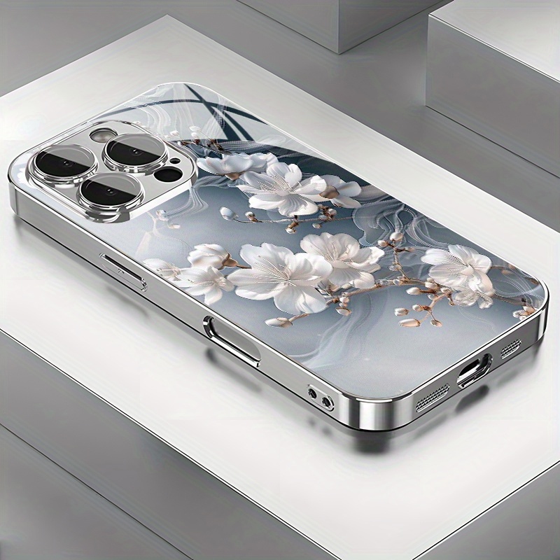 TEMU Phone Case - Beautiful Exquisite White Floral Premium Pattern Plated Glass Phone Case For Iphone 16promax/15pro/14plus/13/12/11/x/xr/xsmax, With