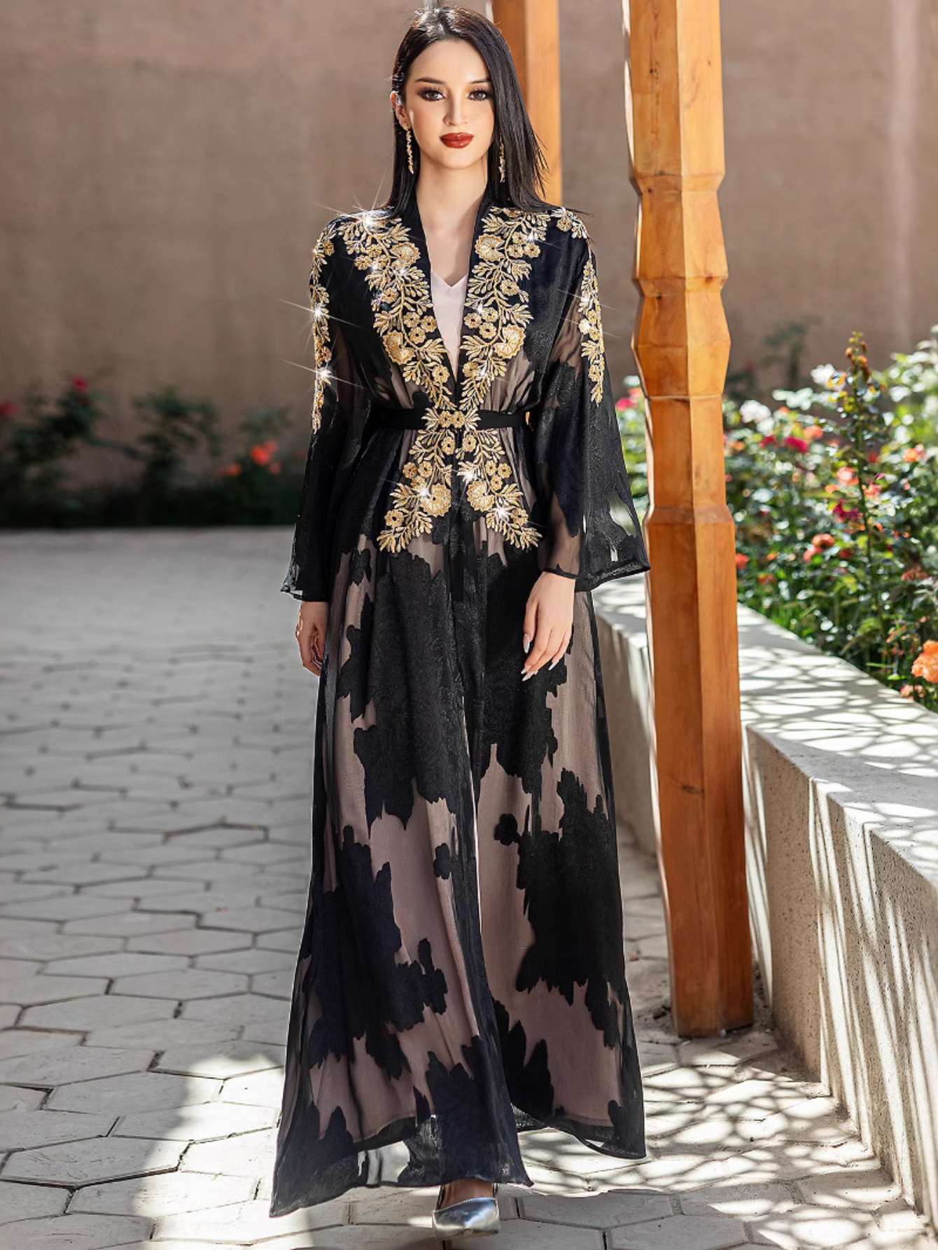 Two-Piece Set BA5228 Black * Two-Piece Set with Belt Robe Elegant Ethnic  Style Abaya Two-Piece Set