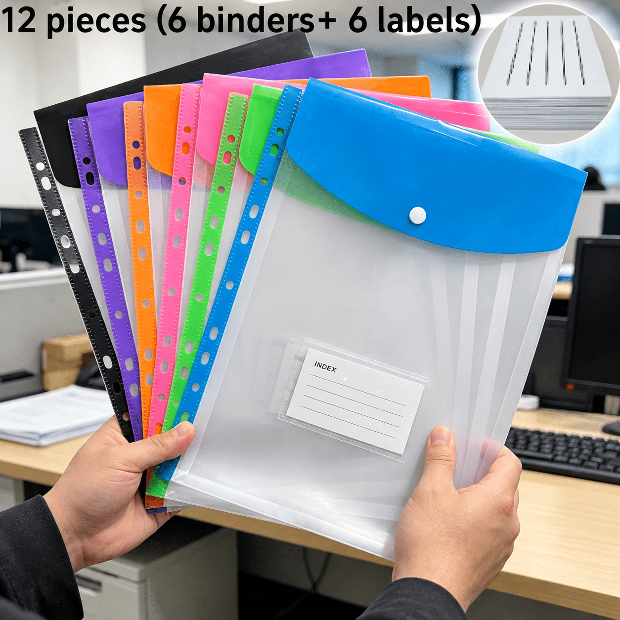 TEMU 12pcs A4 Set: 0.79-inch Wide Expandable Storage Folders (6 Document Sleeves + 6 Label Cards) - Heavy-duty Pp Plastic Organizer With Locking