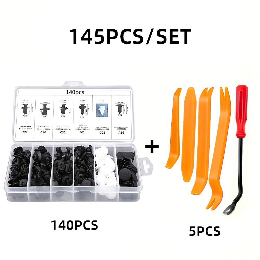 TEMU Kit assortito da 145 pezzi di elementi di fissaggio per auto con strumenti di rimozione, universali in plastica di nylon per pannelli delle