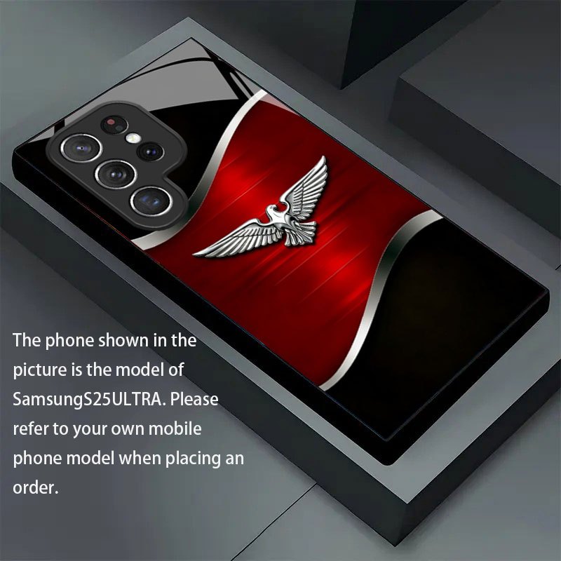 E-shop Handyhülle - Metall Silber Adler Roter Hintergrund Neue Handyhülle Gehärtetes Glas für Samsung Galaxy S25 Ultra S25+ S25 S25 FE S24 Ultra S24 FE