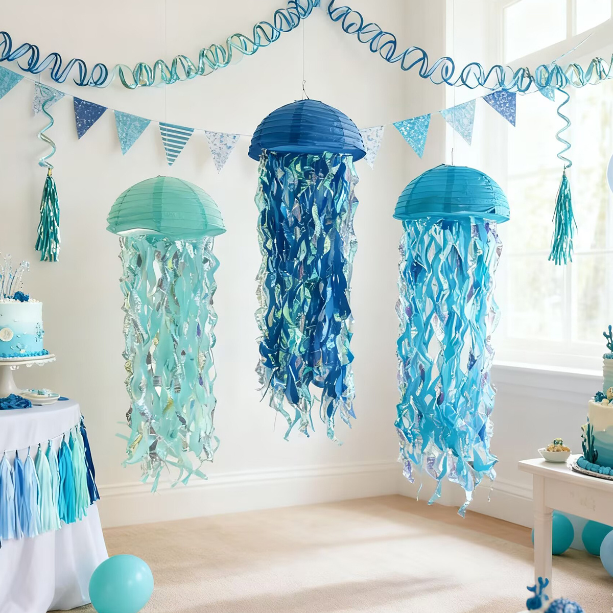TEMU 3pcsx10" Blue Hanging Jellyfish Paper Lanterns - Under The Sea Party And Mermaid Birthday Decorationsshowernautical Eventsocean Theme Classroom