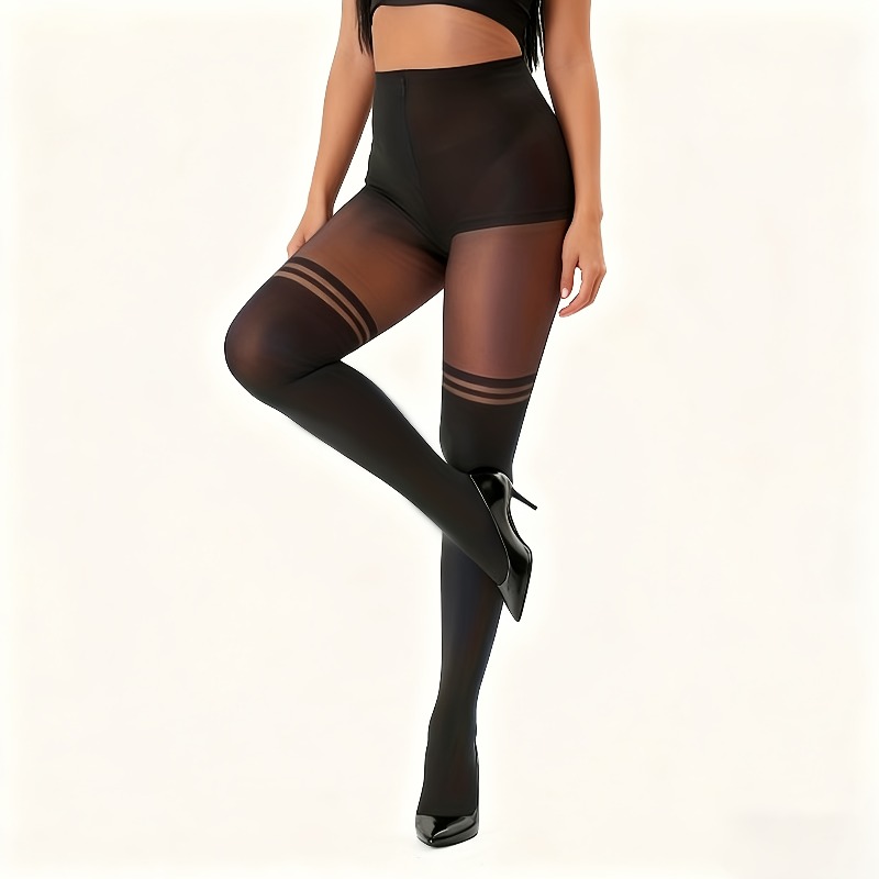Image of Women's Black Striped Socks Fake High Tube Spring Preppy Style Tights Black Fake Thigh Socks Style Sexy High-waist Elastic Solid Color Tights