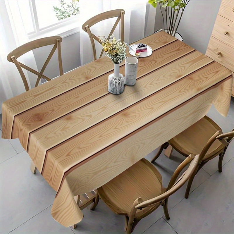 TEMU 1pc Vintage Wood Grain Beige Striped Tablecloth, Suitable For Indoor/outdoor Birthday Parties, Farmhouse Decor, Kitchen, Patio, And Bedroom. An