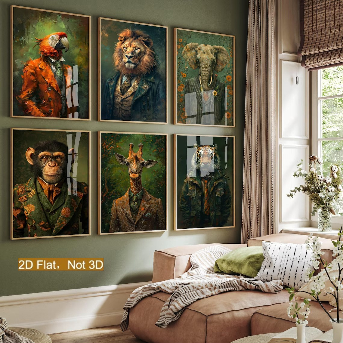 TEMU 2d Flat, 2d Flat, Set Of 6 Frameless Canvas Artworks Featuring Retro Anthropomorphic Animals In Victorian Attire, Including A Lion, Elephant,