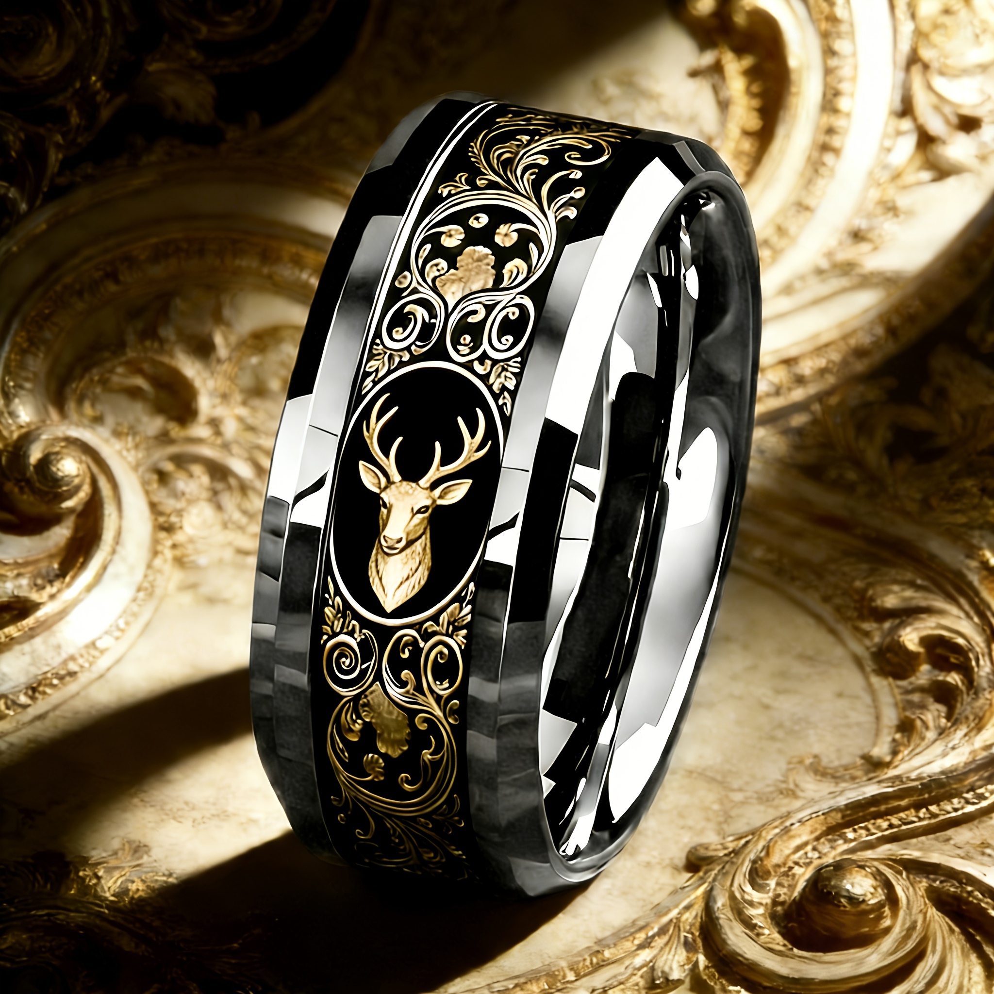 TEMU Vintage Baroque Style 304l Stainless Steel Ring With Elegant Reindeer Design, Finish Of 304l Stainless Steel, From 304l Stainless Steel Material