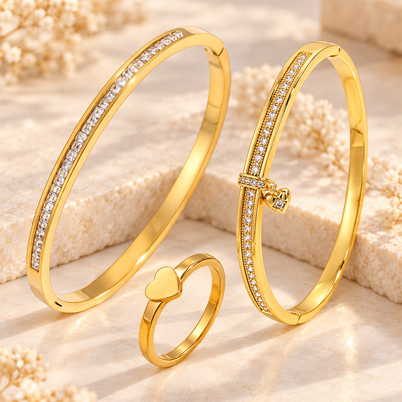 Romantic Slim Decor Bangle & Heart Shaped Ring Jewelry Set