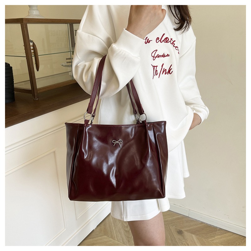 TEMU Colors, Ladies' Large Capacity Decorated Glossy Tote Bag- Casual Solid Color Tote Bag With Zipper Closure, Commuting Shoulder Bag Travel,