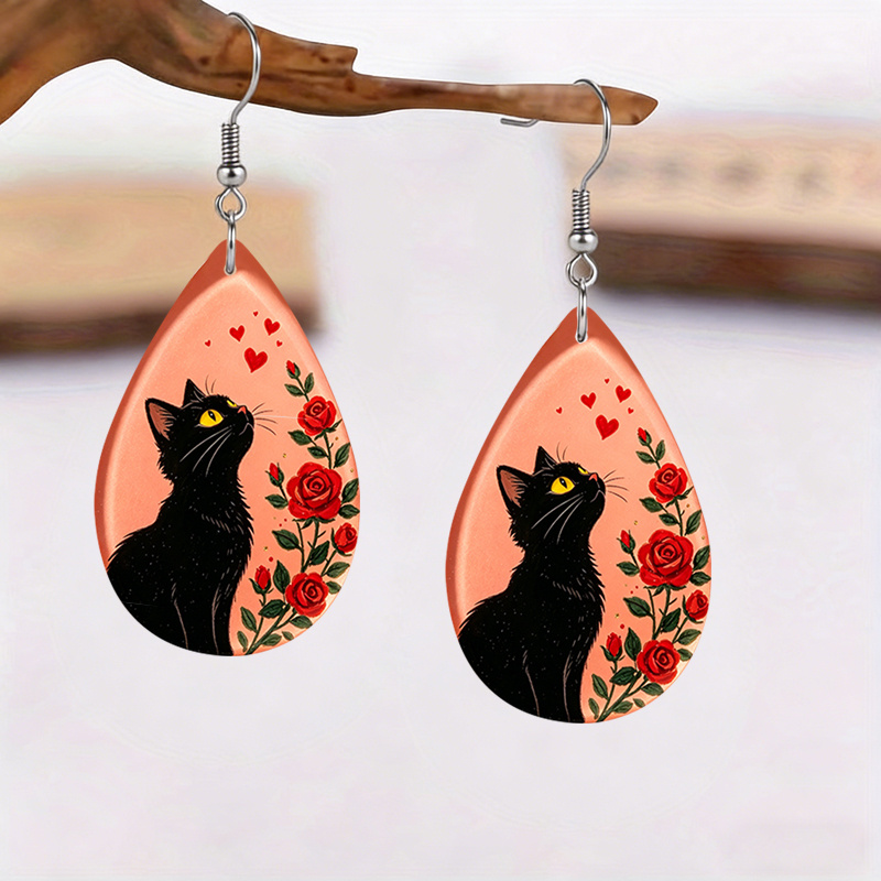 PU Leather Cat Earrings with Red Rose & Black Cat Design