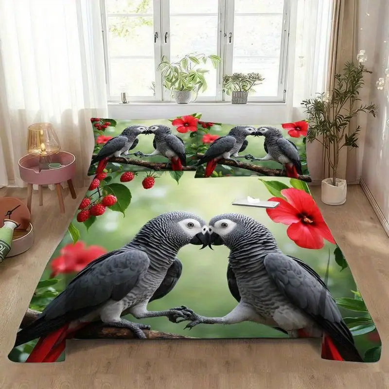 3pcs parrot duvet , bedding, romantic couples print, soft brushed microfiber for bedroom home decor 1 duvet +2 pillowcases, king size duvet , duvet set, bedding s, bedding comforter sets, bedroom decor, cozy bedroom, couple print, , textile, brushed fabric, pillowcase set, comforter set, couples gift, , quality bedding set, set, king size bed Product details 2