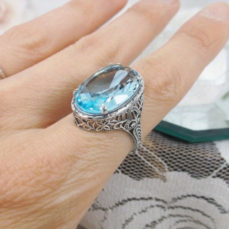 Vintage Aquamarine Ring Oval Gemstone Art Deco Filigree Ring