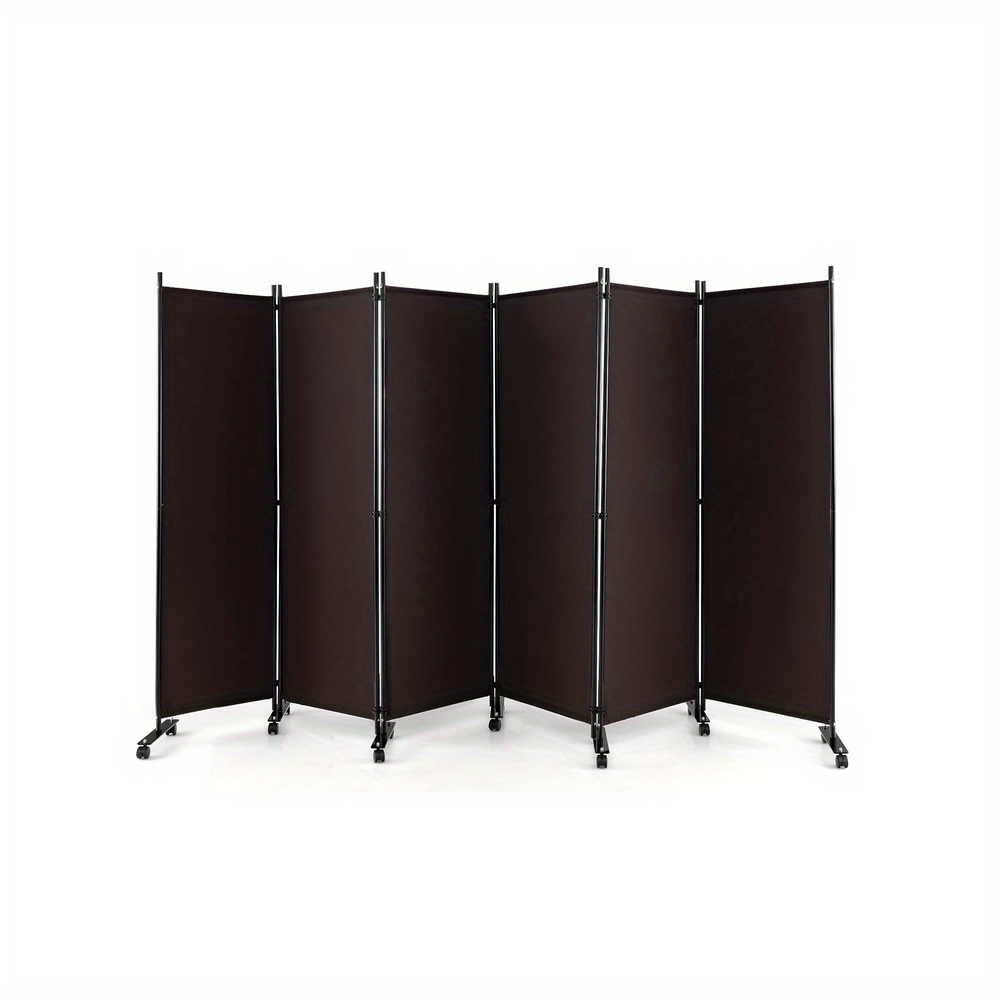 Six- Panel Room Divider On Wheels, Tall Rolling Privacy Screens, Portable Freestanding Fabric Screen Divider, Porch Shading Partition